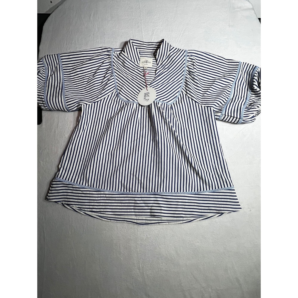 Umgee Blue White Striped Seersucker Puff Sleeve Babydoll Top C6109 Small NEW